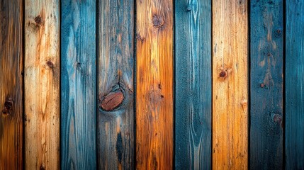 Fototapeta premium Varied wooden planks show blue, orange, and brown hues. Rustic and textured