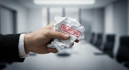 Businessman holding crumpled paper with 'Rejected' stamp in modern boardroom setting, showcasing office stress and decision making.