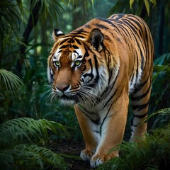 Naklejka premium Luminous Hunter: Indochinese Tiger with Glowing Eyes Roams the Mystical Jungle