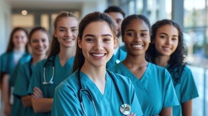 A Group of Smiling Diverse Female Medical Professionals in Teal Scrubs