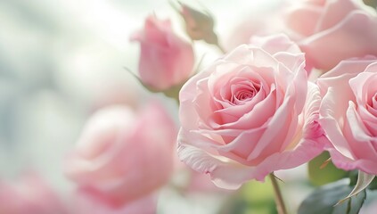 Elegantly arranged pink roses surrounded by lush greenery in a naturally lit atmosphere exuding a delicate charm : Generative AI