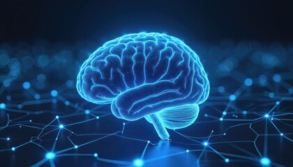 Illustration of human brain on blue neon background with network connections. 3D render shows structure of mind, concept of neural network, technology, medicine. Modern design for science, tech,