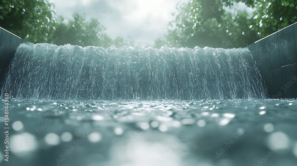 Aufkleber a serene water cascade with shimmering reflections and lush greenery in the background.