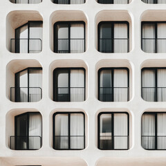 Fototapeta premium Old building with windows and brick walls in the city featuring detailed glass patterns and architectural design