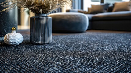 Glamorous, plush carpet featuring an intricate, woven texture in deep charcoal and metallics. 