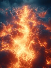 Fiery clouds glow; a path illuminated between the dark, stormy skies