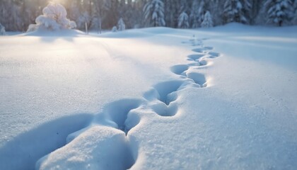 Animal tracks across fresh snowy field. Winter landscape, quiet outdoor scene. Trail of footprints in snow, tranquil nature. Wintertime, cold weather. Silent peaceful wilderness. Frost, white,