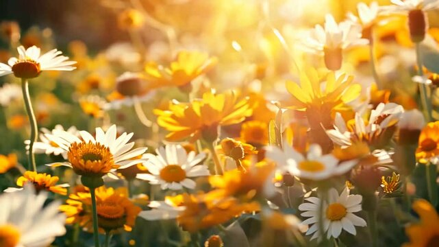A vibrant field of yellow calendula flowers and white daisies illuminated by warm, golden sunlight. The natural, sunny ambiance creates a sense of warmth and serenity.