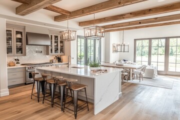 Fototapeta premium A modern open kitchen design with island and dining area