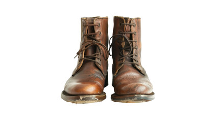 Pair of worn leather boots isolated on transparent background