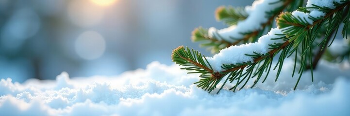 Spruce needles rustle in the breeze on pristine snow, frosty, winter, serene