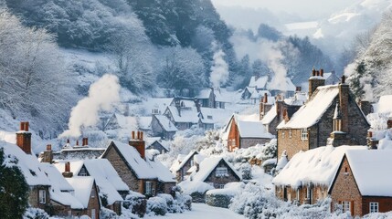 A Picturesque Snow-Covered Village Nestled in a Valley