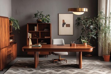 A stylish office interior features wooden furniture and plants