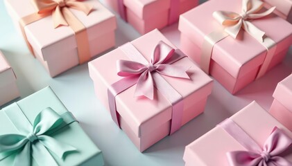 Obraz premium Subtle pastel colored gift boxes, dotted pattern, spring, subtle, background