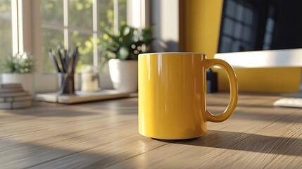 Bright Yellow Coffee Mug on Wooden Table in Cozy Modern Office with Natural Light