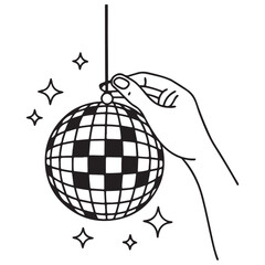 Hand holding disco ball with halftone effect and stars vector illustration. Vector cut out sticker. Trendy modern collage design element.