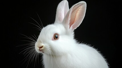 White rabbit profile, long whiskers, pink inner ears against a dark backdrop