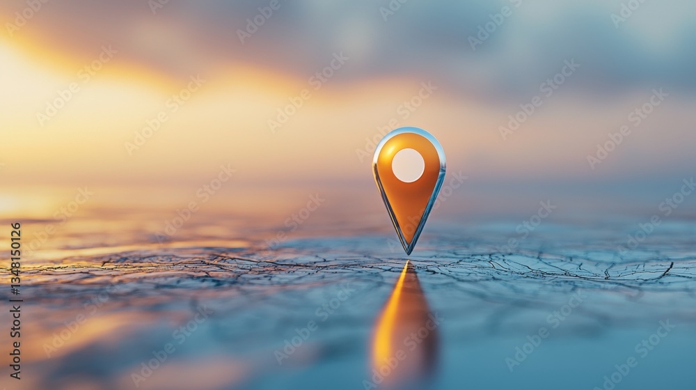 Fototapete icon pin location marker a metallic pin marker with a reflective surface, placed on a textured map, 
