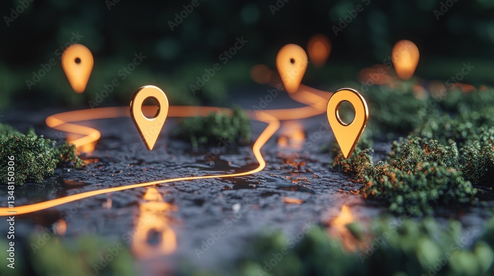 Poster Icon Pin Location Direction A series of connected pin icons forming a route on a map, showing navigation directions, clear path visualization.