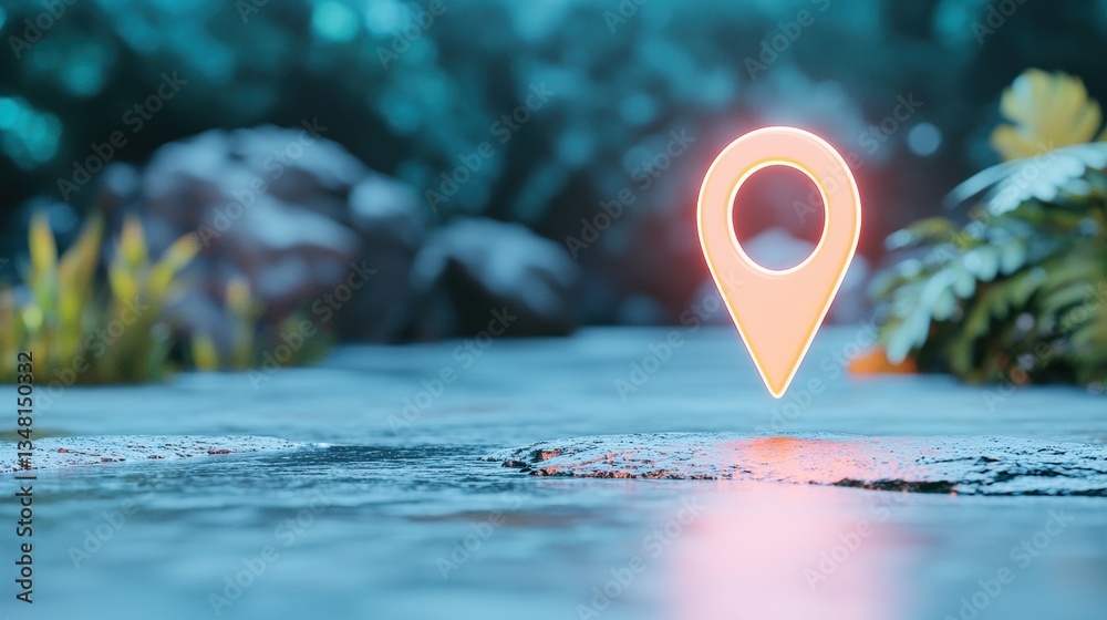Poster Icon Pin Location Direction A 3D rendered pin icon with a glowing arrow pointing towards a specific location, minimalist design, clean background.