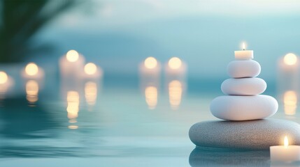 Obraz premium Spa Calming Relaxation Therapy A person meditating in a peaceful spa environment, surrounded by candles and soft textures, focus on mindfulness.