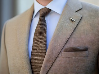 A close-up shot reveals a man's beige linen suit jacket with a brown textured tie and a gold lapel pin detail perfectly complementing the light blue