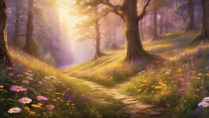 Obraz premium A lush, sun-dappled forest floor.