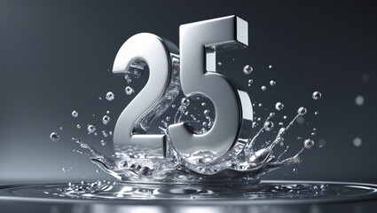 3D metallic number 25 falling with water splash, anniversary concept