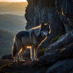Fototapeta premium Cave Wolf Emerging from Foggy Cave at Dawn