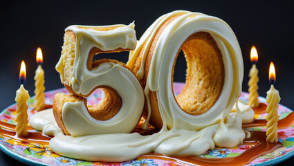 50th birthday cake with melted cream and candles on top