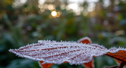 Fototapeta premium Frosted Leaf Closeup with Forest Background and Warm Sunlight Glow