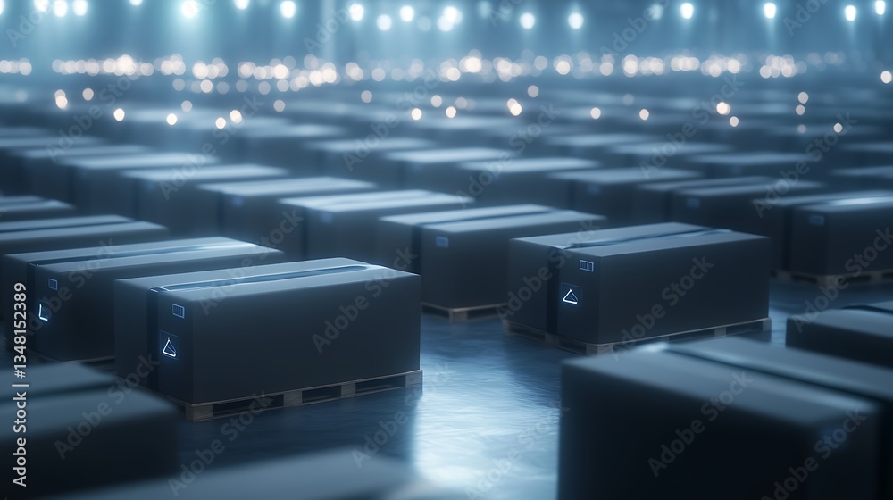 Poster warehouse filled with cargo containers, illuminated by soft blue lights.