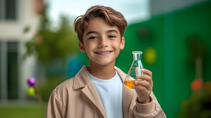 A young enthusiastic boy smiling while holding a glass beaker filled with a colorful liquid in a school science laboratory exploring scientific concepts and discoveries
