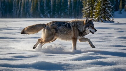 Obraz premium Majestic Kenai Peninsula Wolf Sprinting Across the Snow-Covered Wilderness