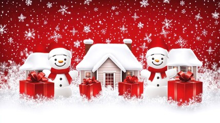 Festive winter scene with snowmen, houses, and gifts