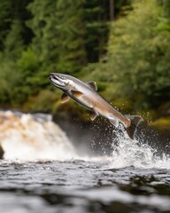 Fototapeta premium Salmon jumping in clear river wilderness nature photography lush forest action shot wildlife conservation