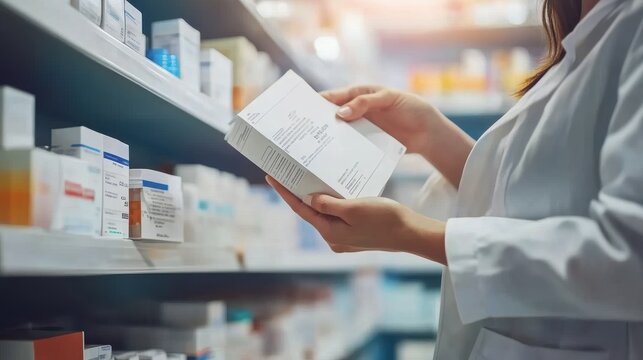 Pharmacist Holding Medicine Box in Pharmacy Drug Storage Aisle