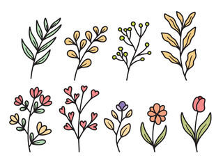 Set of icons with FLOWER or FLORAL theme. With doodle style. For layout, website, graphic design. 
