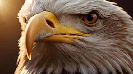 A stunning close-up of an American eagle, with its beak slightly open and its feathers illuminated by golden sunlight, against a clear sky,Generative Ai
