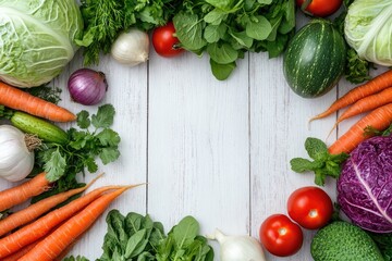 Vibrant fresh vegetables arranged in a frame on a white wooden surface, leaving a blank space in the center