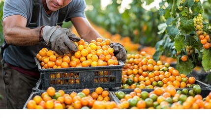 Worker harvests small orange tomatoes in a container at a farm