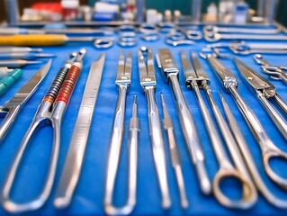Surgical tools arranged on a blue table for medical use