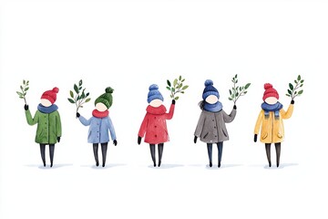 Fototapeta premium Five stylized figures in winter clothing hold green branches, symbolizing nature and togetherness against a snowy background.