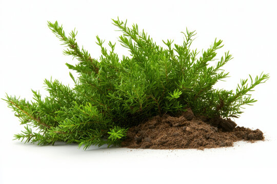 A low-growing juniper bush isolated on a white background nature photography environmental focus ground level viewpoint aromatic plant concept
