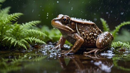 Obraz premium Energetic Wood Frog Leaping Through Moist Forest Floor, Surrounded by Ferns and Dew Drops