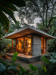 Naklejka premium A traditional wooden house surrounded by trees in a peaceful natural setting