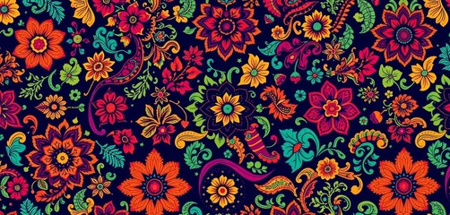 Intricate paisley and floral motifs in vibrant jewel tones form a continuous Indian-inspired textile pattern, vibrant, paisley