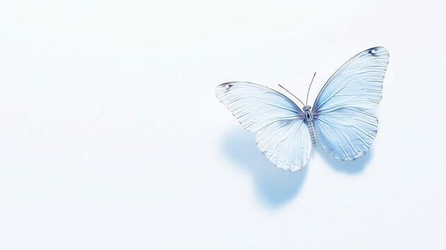 Sapphire Butterfly and Sacred Symbolism, a vibrant sapphire-blue butterfly rests on a minimalist white surface, sunlight casts a cross shadow, embodying spirituality and renewal.