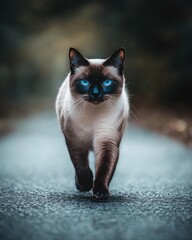 Siamese cat walking gracefully on a path in nature captivating photography outdoor adventure close-up perspective