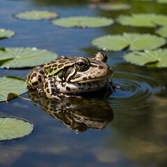 Fototapeta premium Serene Northern Leopard Frog Resting on Sun-Kissed Rock at Pond's Edge, Mirrored in Water